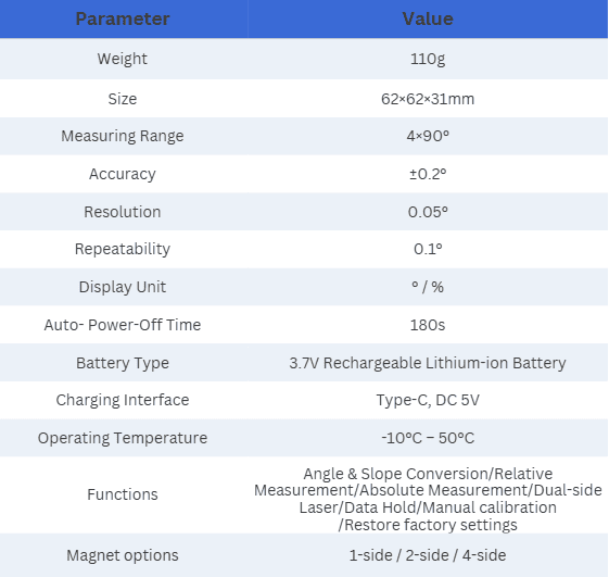 Digital Inclinometer 角度仪参数表