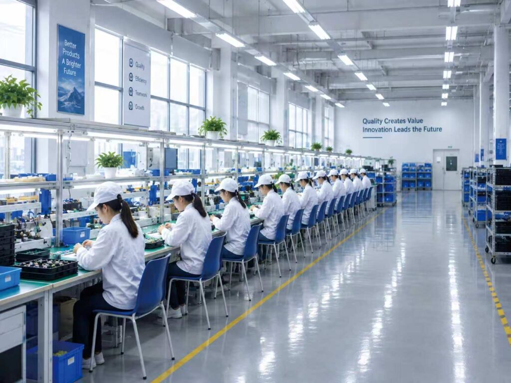 Home Workers in anti-static uniforms on the production line at the Kinlopto factory
