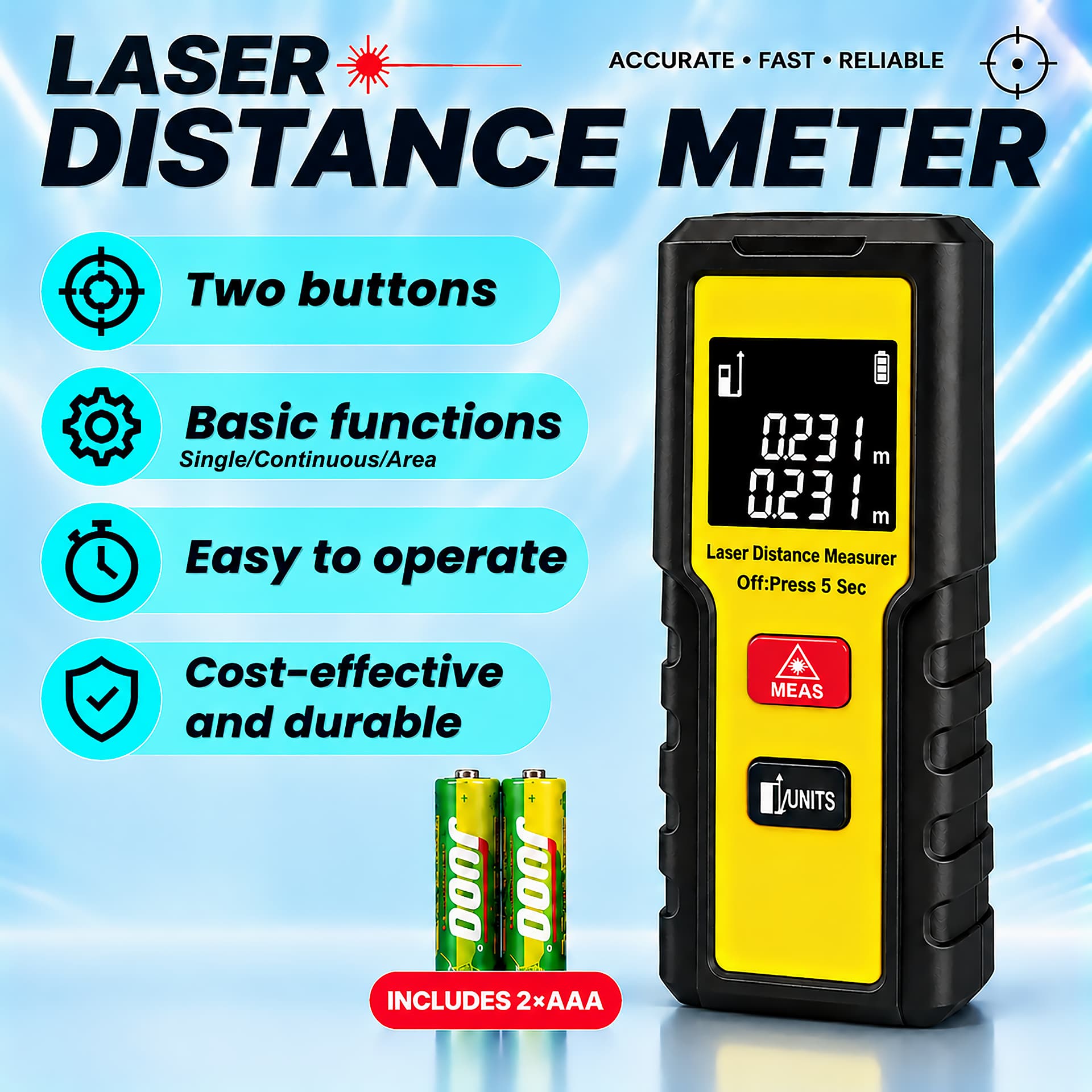Kinlopto laser distance meter with LCD display, two-button operation, area and continuous measurement, includes 2 AAA batteries