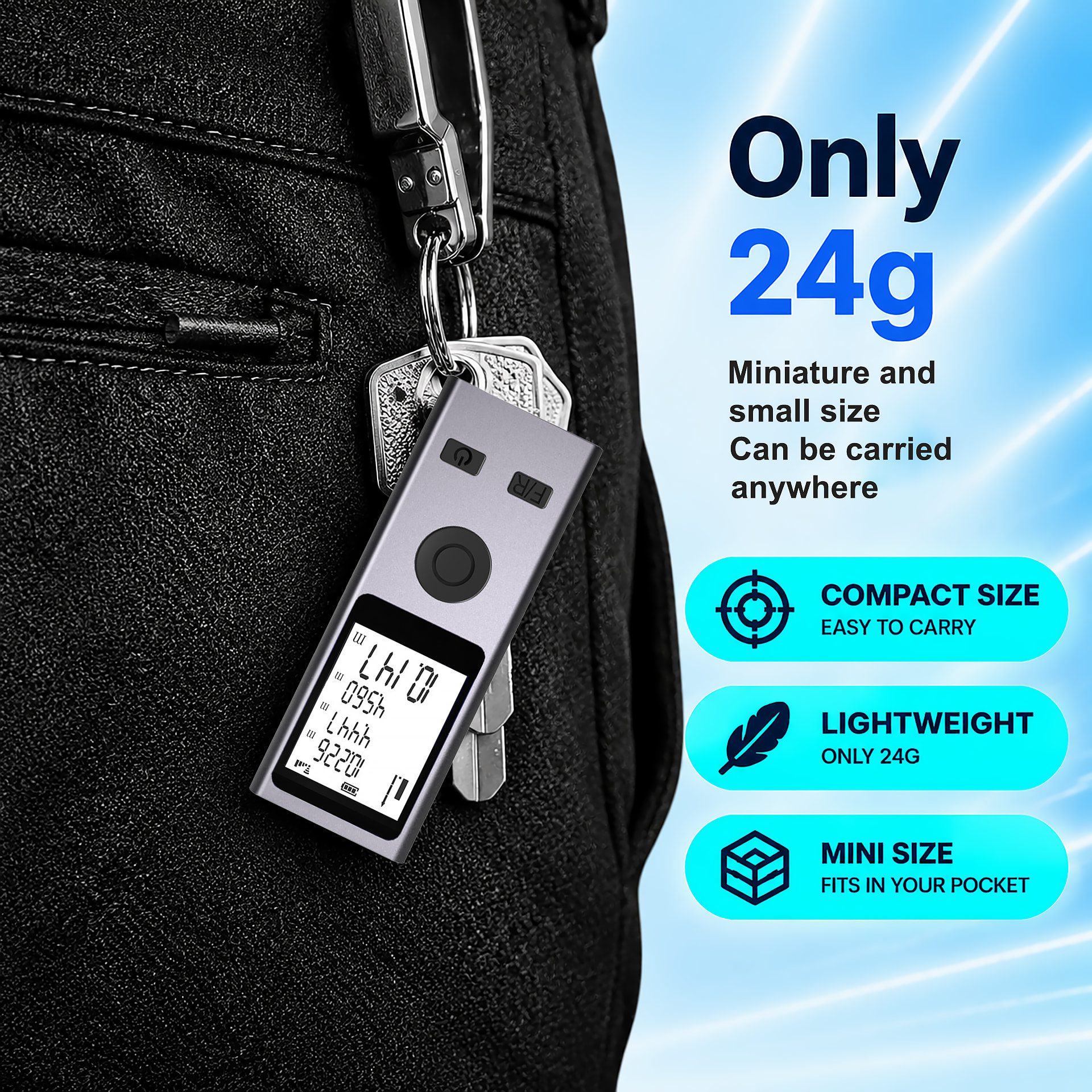 Kinlopto 24g mini laser distance meter with keychain design, pocket-size lightweight measure for carrying anywhere