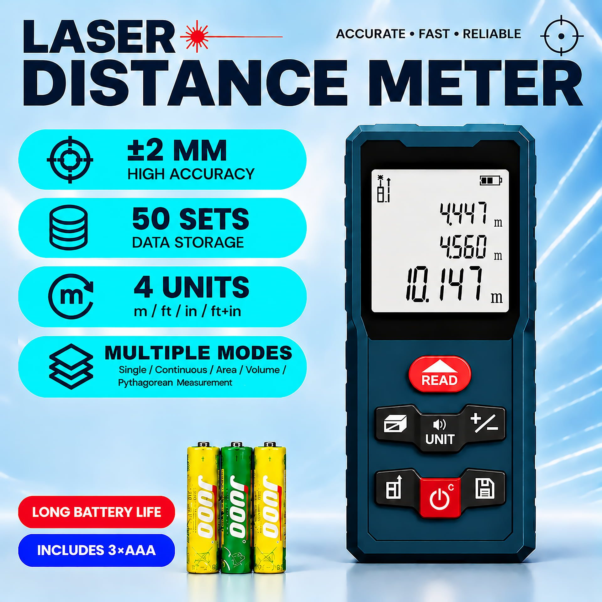 Kinlopto multifunction laser distance meter with ±2mm accuracy, 50-set memory, 4 units and Pythagorean measurement