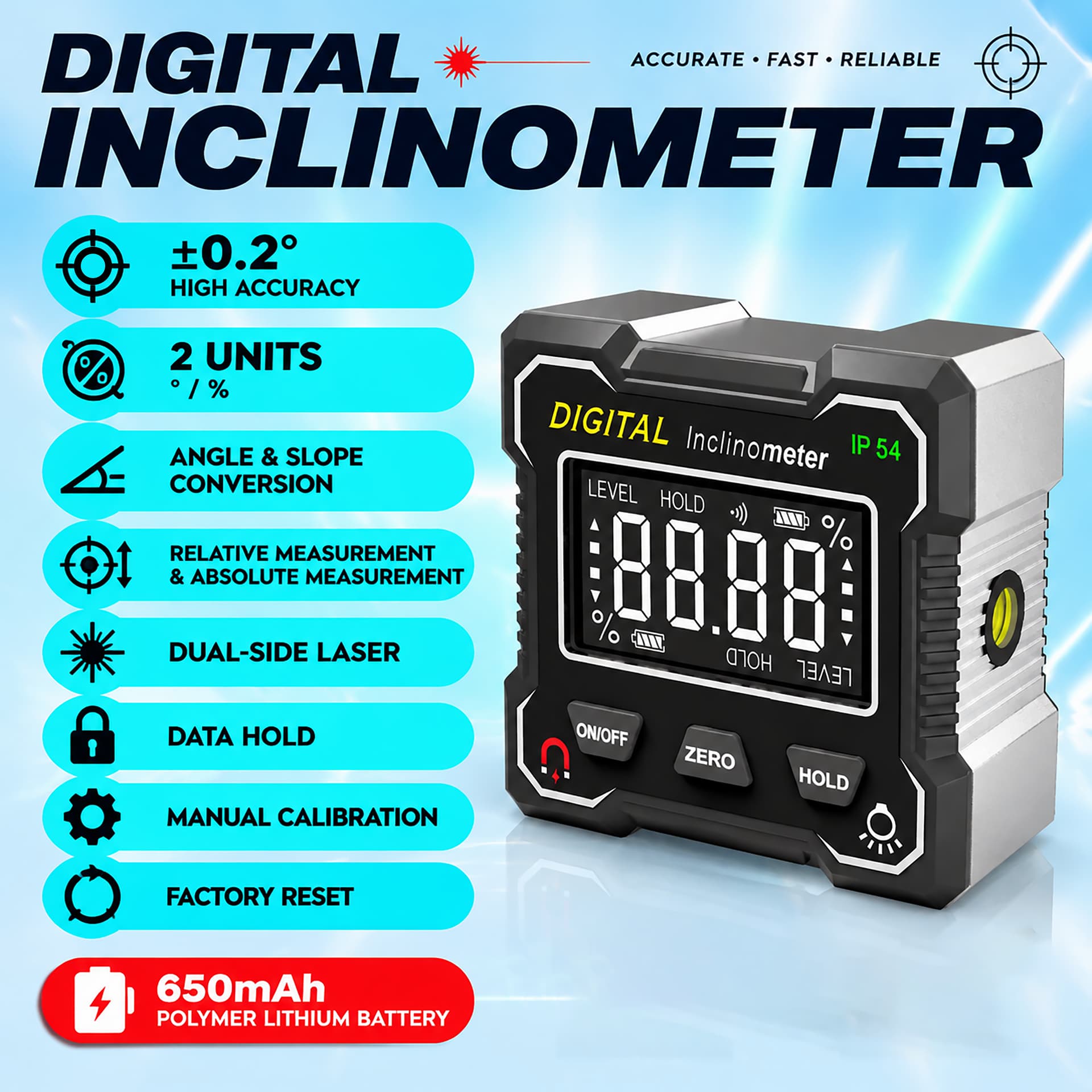 Kinlopto digital inclinometer with dual-side laser, ±0.2° accuracy, IP54 housing and 650mAh lithium battery