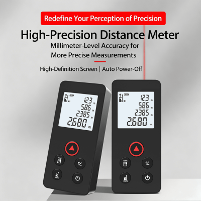 Professional-grade laser distance meter with ±2mm accuracy and up to 120m measuring range. Available in 5 range options: 50m / 60m / 80m / 100m / 120m to meet different market needs.