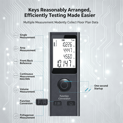Mini aluminum laser rangefinder displays various measuring modes on screen, compact portable design for multi‑purpose measurement