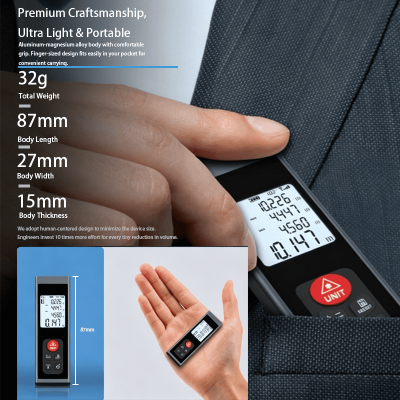 Ultra‑light mini aluminum laser rangefinder held in palm, slim compact body, lightweight portable measuring device