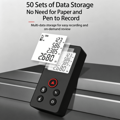 Supports single/continuous measurement, area, volume, Pythagorean calculation, and addition/subtraction. Stores up to 50 groups of data for efficient on-site workflow