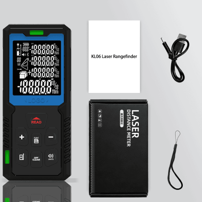 Complete accessory package for KL06 laser distance meter, includes user manual, Type‑C charging cable and hand strap, original factory supply