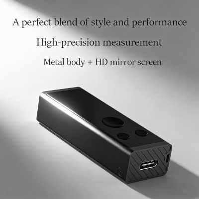 Close‑up of mirror screen display on mini aluminum laser rangefinder, ±2mm measuring precision