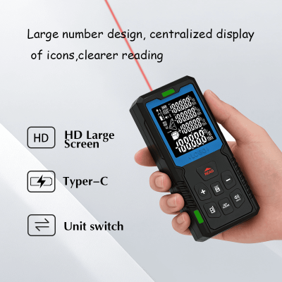 Hand‑held KL06 laser distance meter with HD large screen, Type‑C charging and unit switch function for easy reading