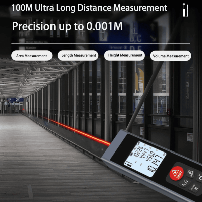 Compact laser rangefinder for 100m ultra‑long distance measurement, supports length, area, height and volume measuring modes