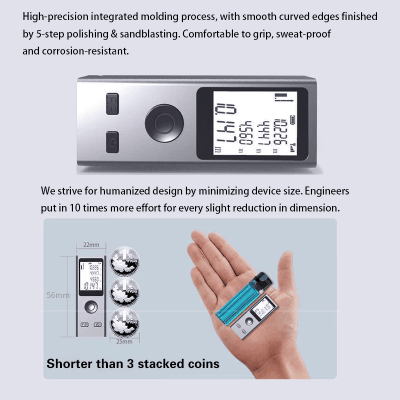 Human hand holds compact mini aluminum laser rangefinder, pocket‑sized design easy to carry anywhere