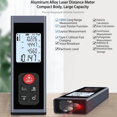 Aluminum alloy laser distance meter with multiple built‑in measuring functions, visible laser pointer for accurate measurement