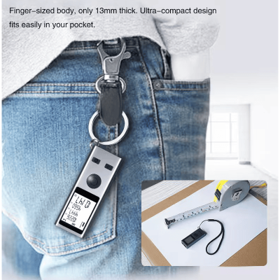 Ultra‑compact mini aluminum laser rangefinder, pocket‑sized for easy carrying, features ±2mm measuring accuracy