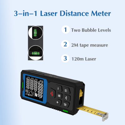 KL06 three‑in‑one laser distance meter with extendable 2m tape measure, dual bubble levels and 120m laser measuring function