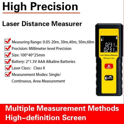 Compact Laser Distance Meter 100x40x25mm 2x1.5V AAA Battery Powered 5 Range Options 20m to 60m Portable Pocket Size Measure Tool